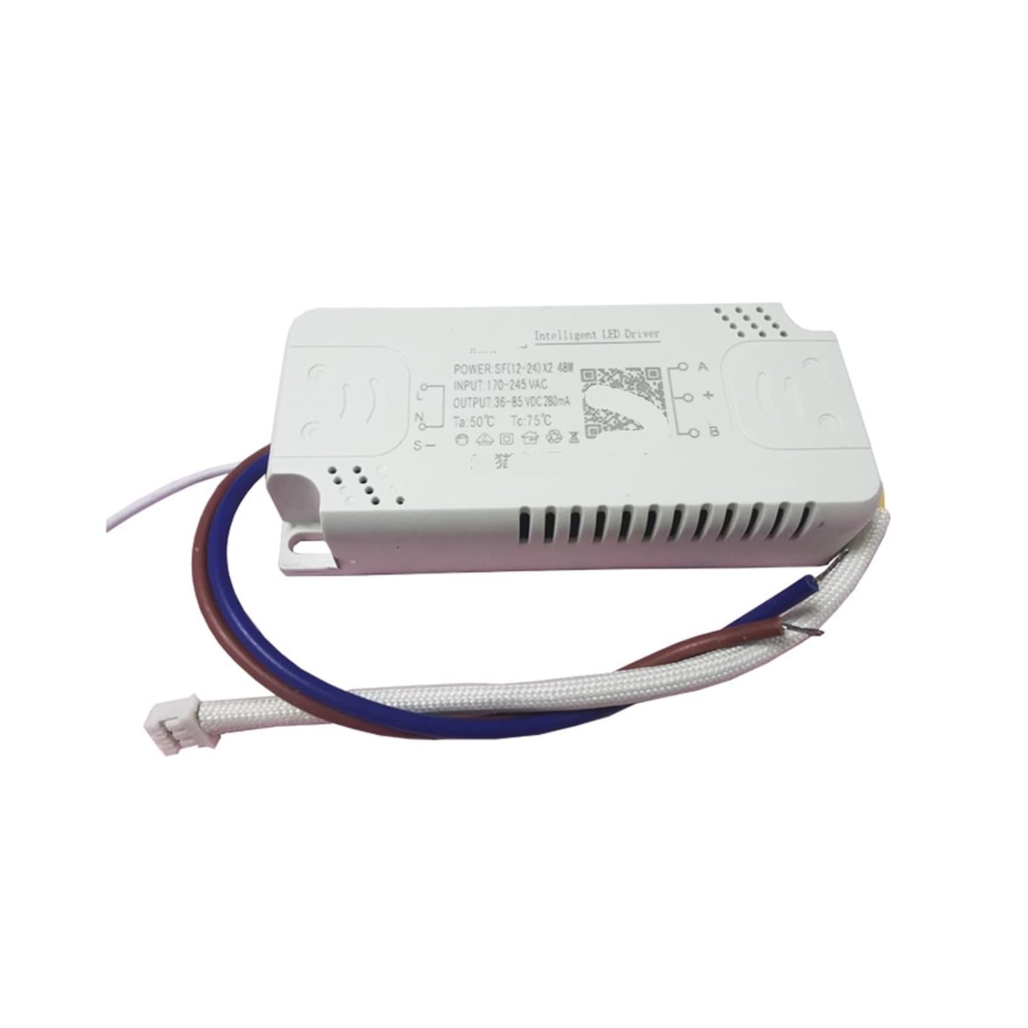 En angle view of the THKFMSRC Tmall Genie Intelligent LED Driver, highlighting the compact size and wiring.
