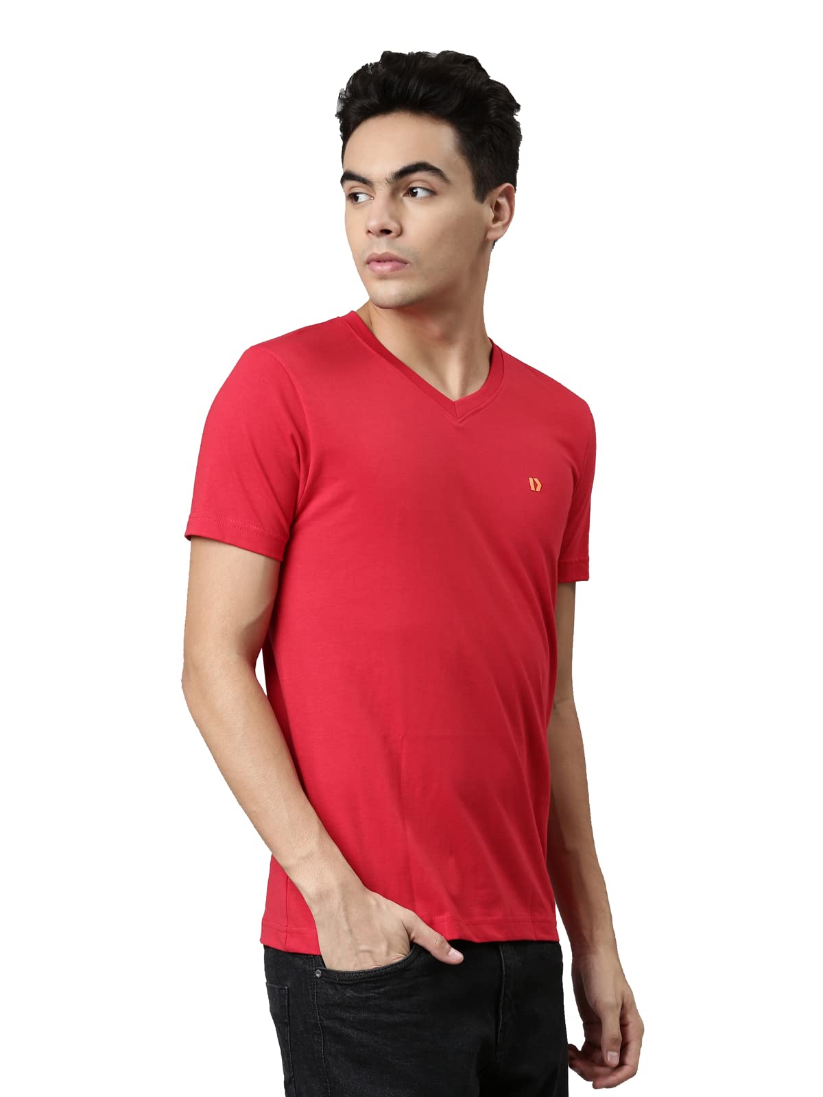 Dixcy Scott Originals Mens Solid V-Neck Short Sleeves Cotton T-Shirt - Cool V Tee(Cherry Red)-L 2