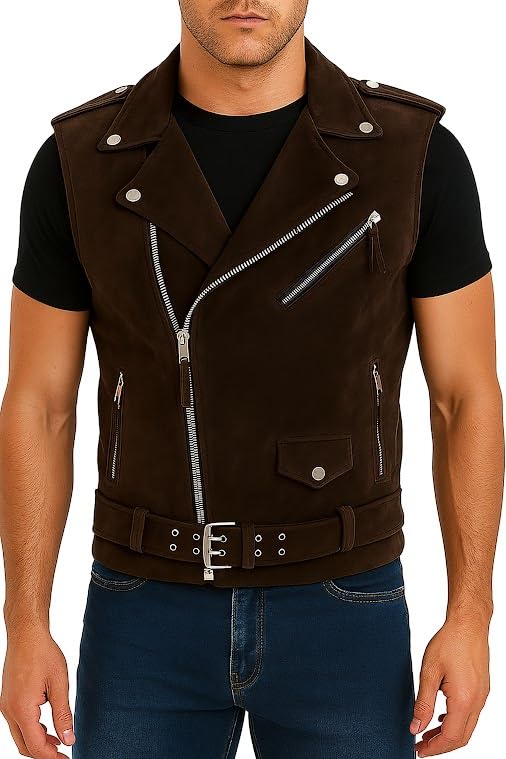 Image of Motorcycle Leather Vest For Men - Tactical Combat Military Style Sleeveless Biker Club Riding Outdoor Waistcoats
