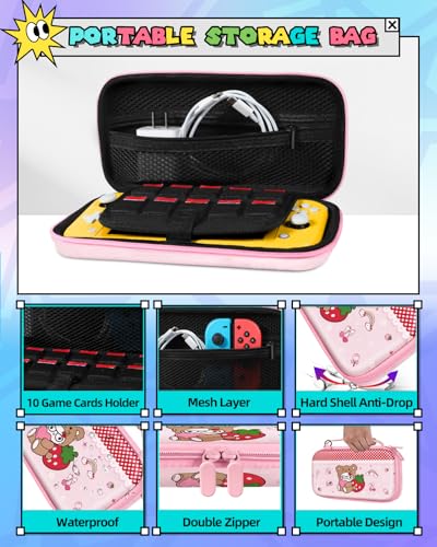 Gurgitat 6in1 Kits Accessories Bundle for Nintendo Switch Lite 2019 - Cute Carrying Case, Protective Cover, Joy Con Grips, Thumb Grips, 24 Game Holder, Shoulder Strap Teens Boys Girls, Strawberry - Image 3