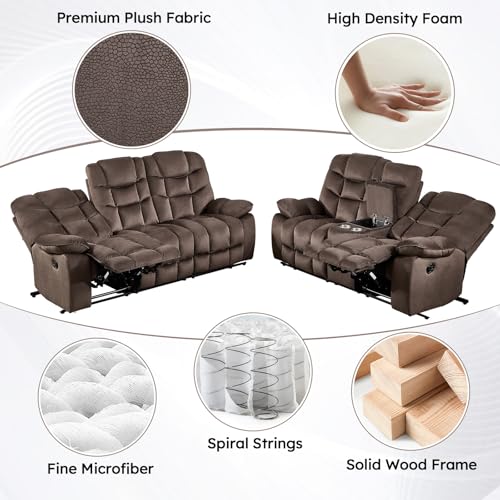 Image of Manual Reclining Loveseat Sofa for Living Room, 77 inch Wide Overstuffed 2-Seater Recliner Couch with Cup Holders & Storage Console, Brown
