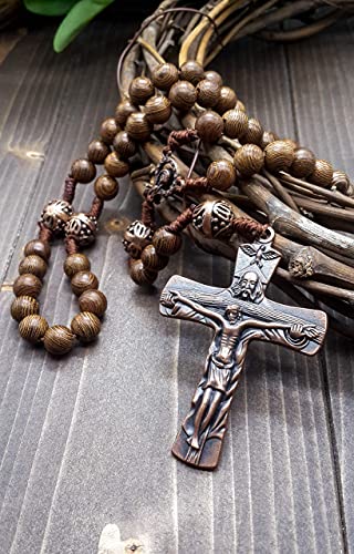 Nazareth Store Our Father Oak Wood Beads Rosary Corded Handmade Prayer Necklace with Virgin Mary Medal and Holy Spirit Jesus Cross