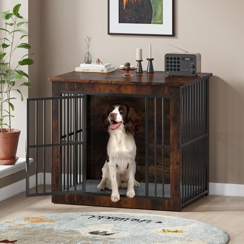 Dog Crate Furniture, 81cm Double Door Wooden Dog Crate with Washable Blanket, Indoor Kennel End Side Table Animal Crates for Small Medium Dogs, Anti-Escape, Rustic Brown