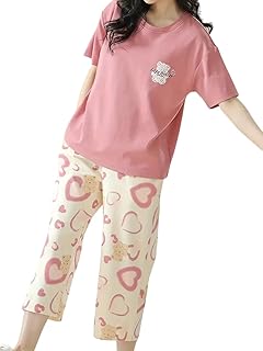 GLASGO Women’s Cotton Pajama Set with Top &amp; Capri Pants|| Korean Night Wear|| Loose Fit Home Wear || Lightweight Printed P...