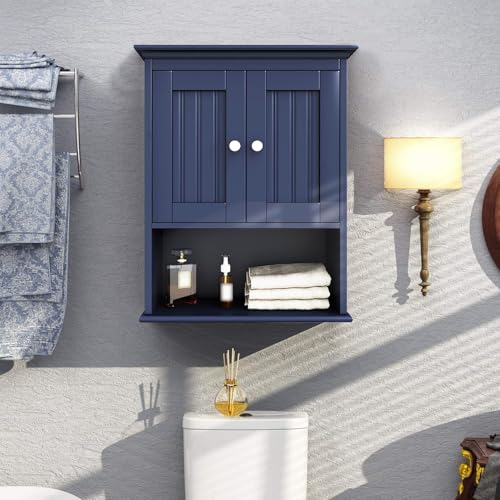 Image of Treocho Wood Wall Cabinet, Bathroom Medicine Cabinet Storage with Doors and Adjustable Shelf, Rustic Cabinet Wall Mounted for Bathroom, Living Room, Kitchen, Blue