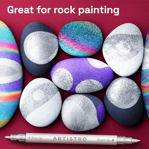 ARTISTRO 5 Silver Acrylic Paint Markers - Paint Pens for Drawing, Brush + Fine Tips - For Fabric, Rock, Glass, Wood, DIY, Eggs - Art & Craft Supplies for Adults, Teens, Kids - Easter Basket Stuffers