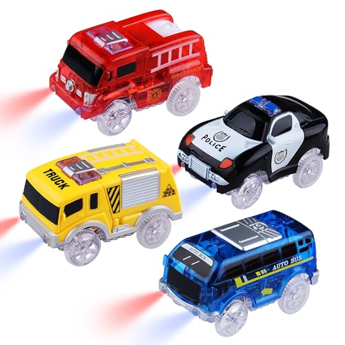 Pack de 4 coches de juguete Tracks Cars Magic Autos brillan en la oscuridad para niños de 3 a 8 años, coche de policía, autobús, camiones de bomberos, camiones con 5 luces LED, repuesto de juguete