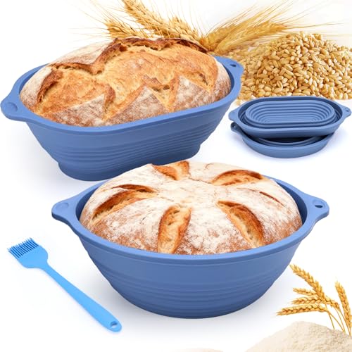 YICH Brot Gärkorb Set: 29cm Gärkörbchen Oval + 23cm Gärkörbchen Rund + Ölpinsel Faltbarer mit Aufhängeloch Verbesserte Stabilität Brotform Silikon Brotbackform Rund and Oval