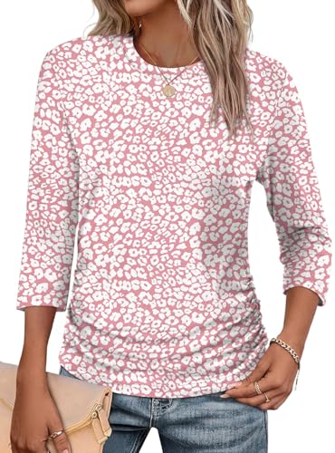 WIHOLL Blouses for Women Dressy Casual 3/4 Sleeve Plus Size Summer Shirts Round Neck Cute Tops Spring Fashion Outfits 2026 Maternity Pink Leopard XXL