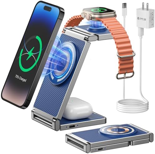 3 in 1 Mag-Safe Wireless Charger Stand for iPhone and Watch Charging Station for Apple Devices, Magnetic Foldable Charging Dock for iPhone 15/14/13/12 Max/Pro/Mini and for Airpods for iWatch