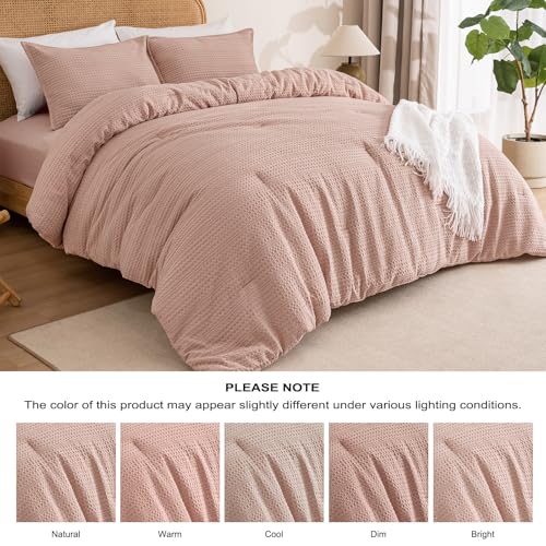 Image of PHF Soft Waffle Comforter Set Queen Size- Comfy Breathable Waffle Weave Comforter with 2 Pillow Shams, 3 Pieces Less Snagging Lightweight Textured Bedding Set for All Season, Rose Pink