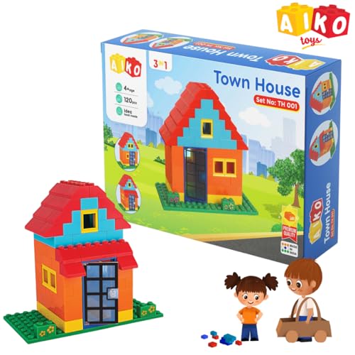 Image of AIKO Town House Set No. 1 | 120 Premium ABS Plastic Building Blocks | Multi-Colour Construction Toy for Kids | STEM Educational Blocks with Idea Book | Best Gift for Boys & Girls (Town House Set No.1)