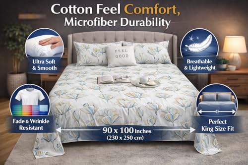 Image of Cotton Feel King Size Flat Bedsheet for Double Bed (90 x 100 Inches | 230 x 250 cm) with 2 Pillow Covers | Soft & Smooth Printed Bedsheet for Daily Use (White, King Bed-90x100)