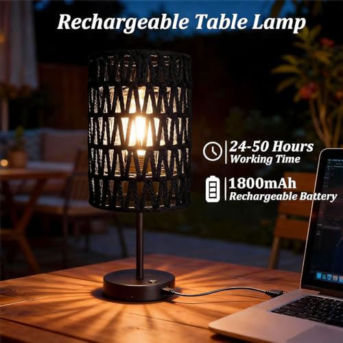 ALL FORTUNE Boho Cordless Outdoor Table Lamps, Rechargeable Battery Operated Rattan Table Lamps, Stepless Dimmable, for Covered Patio, Porch, Gazebo, Living Room, Bedroom Decor- Set of 2 (Black) by ALL FORTUNE - Image 5
