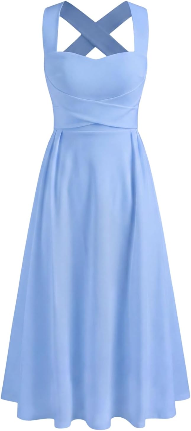 Women Wedding Guest Corset Midi Flowy A Line Dress for 2026 | Crossing Straps, Square Neckline, Tea Party Casual Sundress