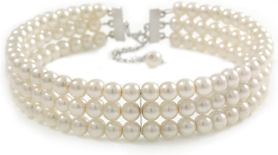 Avalaya 3 Tier Synthetic Pearl Collar Necklace in Silver Plating (Snow White)