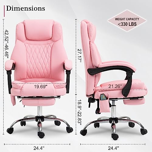 ONPNO Ergonomic Office Chair with Massager, Heated Office Chair Reclining Massage Desk Chair, Home Office Desk Chair w/Foot Rest, Padded Armrest, Height Adjustable Swivel Work Chair (Pink)