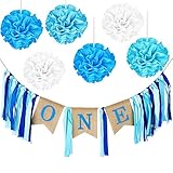 Maxdot 1 Set Baby First Birthday Banner 1st Birthday Boy Decorations Chair Burlap with 6 Pack Paper Pom Poms Flowers, 10 Inches