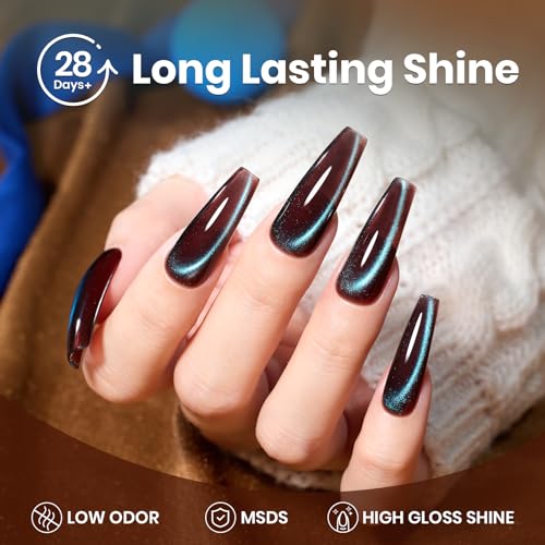 Image of Beetles Brown Cat Eye Gel Nail Polish - Aurora Mocha Cat Eye Gel Polish, 15ML Blue Powder Brown Glitter Fall Gel Polish Magnetic Shimmer Effect Soak Off UV Nail Art Design Manicure Gifts for Women