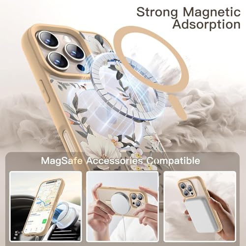 Image of VONZEE Compatible with iPhone 15 Pro Max Case Luxury Retro Flowers Floral Clear for Magnetic Wireless Charging Case Shockproof Case PC+TPU Cute Glossy Shiny Cover for Girls Women,6.7'' Desert Titanium