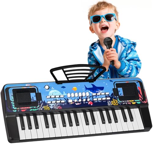 Infantil Piano Teclado 37 Teclas con Microfono y Atril – Portátil Juguete Musical para 3 4 5 6 Años Principiante Niños y Niñas, Regalos Navidad Cumpleaños, Negro