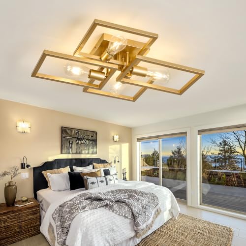 Image of ASGYISA Gold Industrial Semi Flush Mount Ceiling Light Kitchen Light Fixtures 4-Light Modern Large Matte Sputnik Chandelier for Dining Room Bedroom Farmhouse Living Room Closet