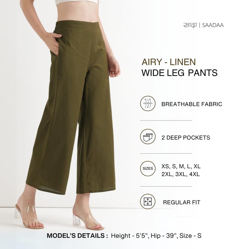 Image of SAADAA Women's Relaxed Fit Mid Rise Airy Linen Wide Leg Pants, High Waist Trousers for Formal, Casual & Office Wear