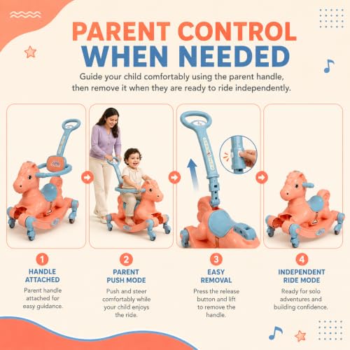 Image of 3 in 1 Baby Horse Rider for Kids 1-5 Years with Parent Handle, Rocking Horse, Ride On Toy, 360 Safety Guard, Music, Swivel Wheels, Backrest, Baby Ride On for Boys & Girls (Orange)