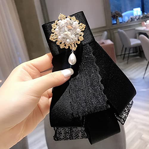 Image of Lace Ribbon Bow Tie Brooch Rhinestone Pearl Necktie for Girl Women Fashion jabot collar brooch pins Pre-Tied Corsage