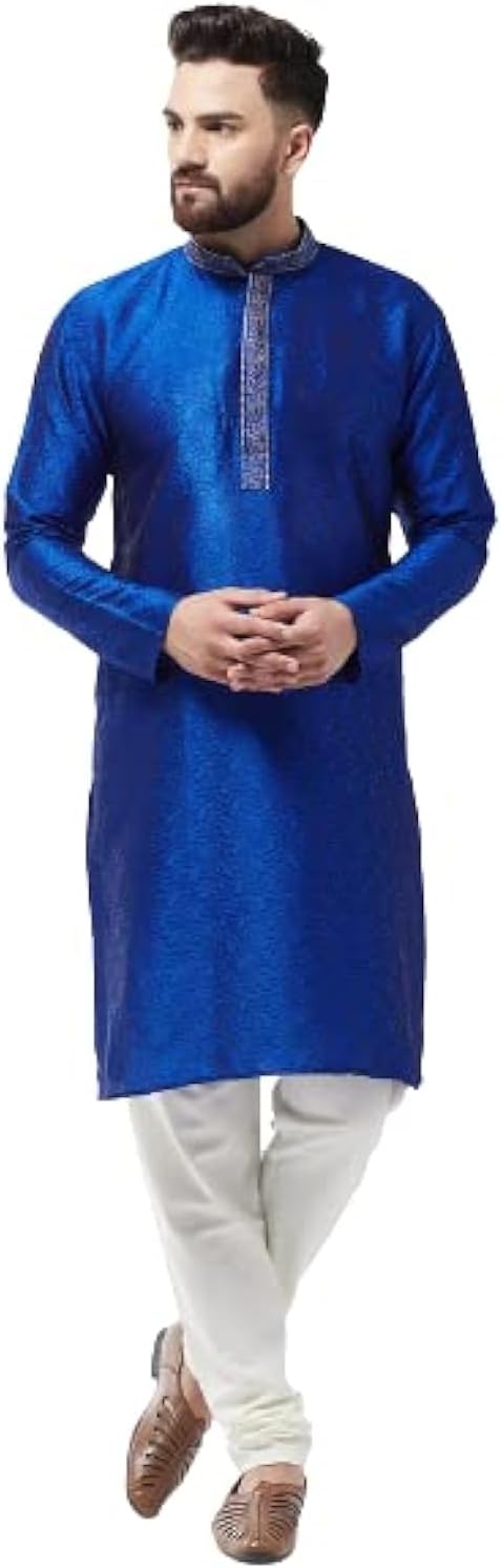 Sojanya XL (Since 1958 Men'S Silk Blend Teal Green Self Design Only Long Kurta