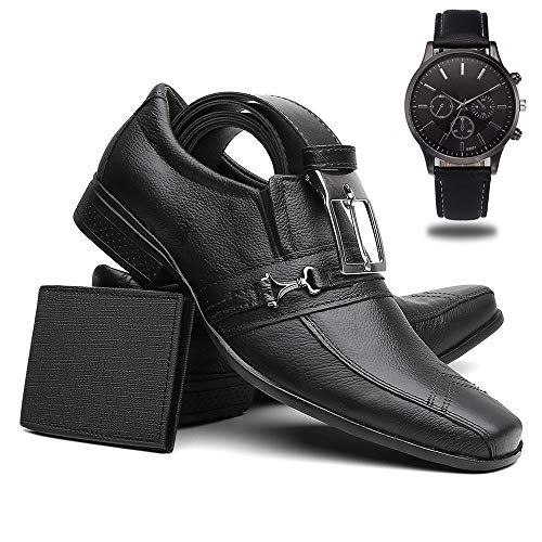 Sapato Social Masculino Couro + Cinto + Carteira + Relógio - Preto-24005/41