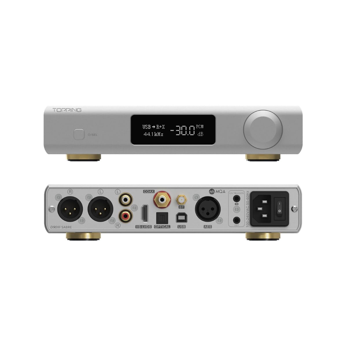 Topping D90 III Sabre Full Balaced DAC Preamp with Dual ES9039SPRO, USB/Bluetooth/Optic/Coaxial/AES/IIS to RCA/XLR Digital-Analog Audio Converter for PC/CD Player/Stereo Amplifier (Silver)