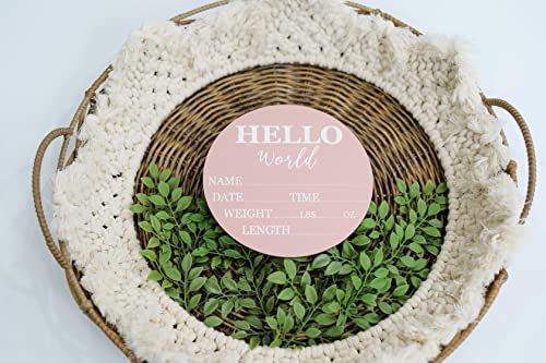 Image of Baby Announcement Sign for Newborn Boys and Girls (Color Bases) - Hello World Nursery Decor Sign & Photo Prop for Babies Made of Birch Wood - 6 inch Circle Board (Pink)