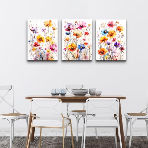DZRWUBHS Watercolour Floral Wall Art for Living Room Canvas Wall Decor for Bedroom Modern Family Decor Flowers Posters Vintage Wildflower Pictures Print Paintings Artwork Home Decoration 3 Piece