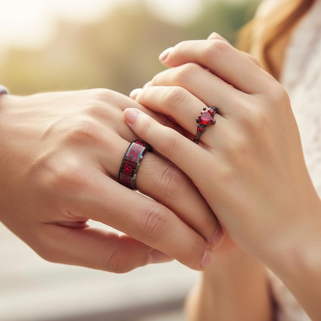 Custom Couple Rings Tungsten Matching Promise Rings for Him and Her Red and Black Wedding Rings for Couples Set Personalized Heart CZ Engagement Rings