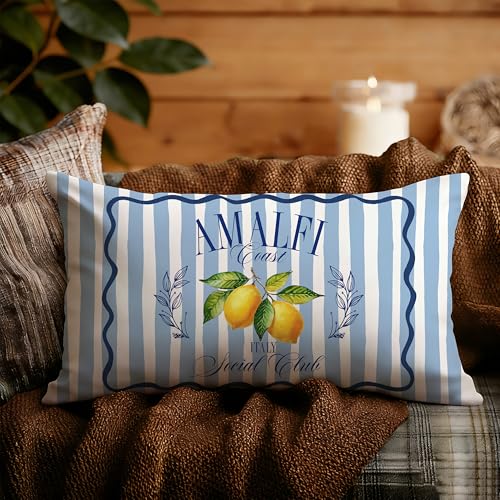 Image of Amalfi Blue and Yellow Summer Italian Mediterranean Amalfi Coast Lemon Pillow Cover Decor 12x20,Italian Striped Decorative Throw Pillow Cover Decor for Couch Double-Sided Set of 2