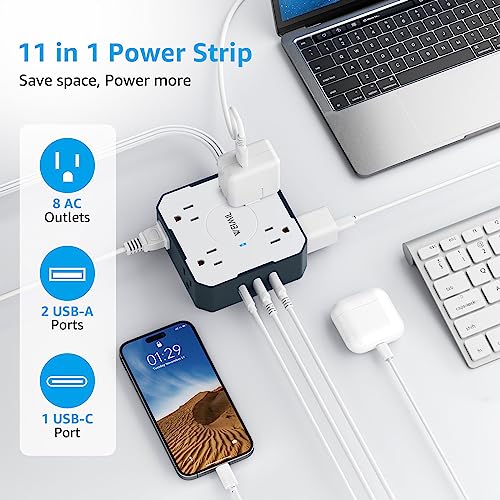 Extensión con Protector Eléctrico WEIMIL, 5 pies, 8 tomas, 3 puertos USB (1 tipo C), enchufe plano para pared miniatura 2