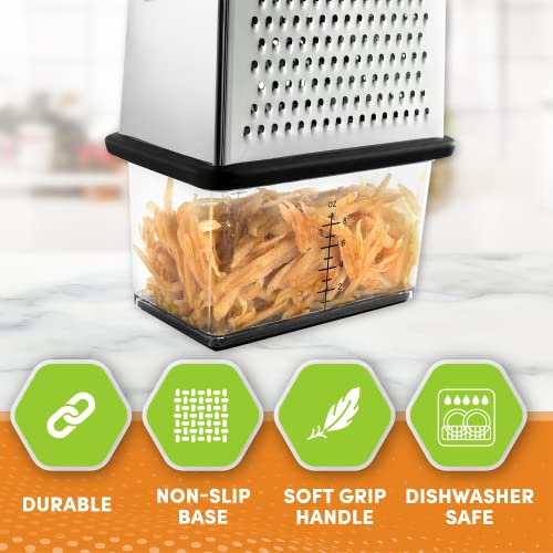 Spring Chef Professional Cheese Grater With Storage Container, Stainless Steel & Soft Grip Handle, 4 Sides Handheld Kitchen Food Shredder Best Box Grater For Parmesan, Vegetables, Ginger, 10" Black #TOP2