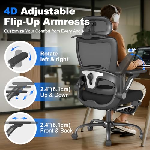 Image of Ergonomic Office Chair, High Back Home Desk Chair with Adjustable Lumbar Support, Flip-Up Arms, Headrest, 90-135 Tilt Lock, Wide Big and Tall Mesh Computer Seating with Wheels
