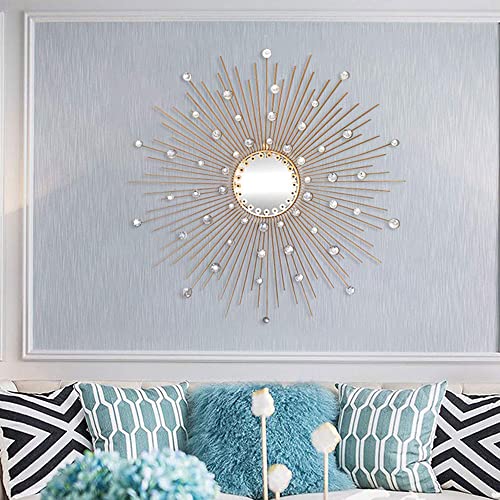 Espejo de pared grande con diamantes de cristal, rayos de sol, espejo de pared redondo, metal, starburst, espejo decorativo, comedor, sala de estar, pasillo, porche, espejo decorativo colgante Cover