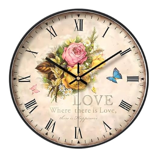 NUOVO Wall Clock 12 Inch Wall Clock Vintage Floral 'Love' Quote Design with Roses and Butterflies