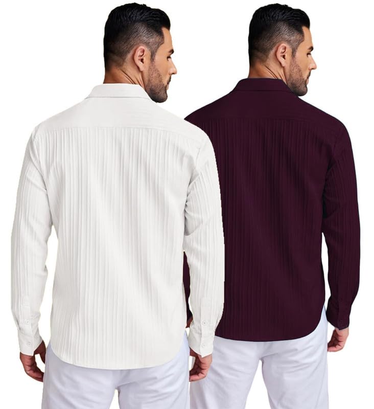 Image of DEELMO Combo of Men's Casual Button Down Shirts Long Sleeve Linen Shirt Fashion Textured Summer Shirts Pack of 2