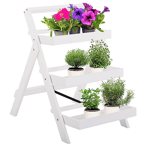 Raburg Pflanzregal 3-stöckig klappbar aus Akazienholz, für Balkon & Garten, Terrasse & Küche. Ideal als Blumenregal, Blumentreppe, Pflanzenständer oder Leiterregal, Florina Weiß