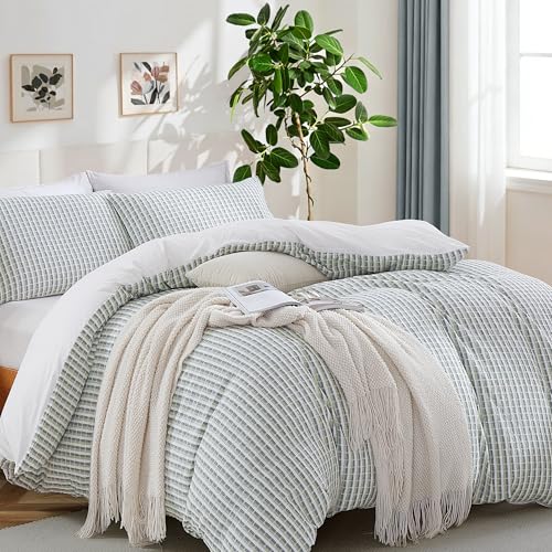 Image of Oli Anderson 100% Cotton Waffle Comforter Set King Size, 3 Pieces Lightweight Breathable All Season Bed Comforter, Soft Skin-Friendly Blanket for Bedroom Guest Room, Machine Washable, Green