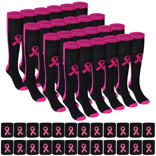 Zhanmai 12 Pairs Breast Cancer Awareness Breast Cancer Pink Ribbon Socks Wristbands for Soccer Volleyball Football Baseball
