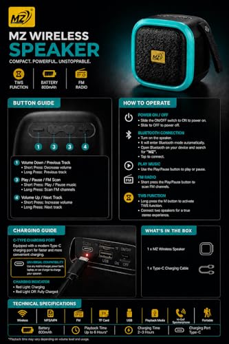 Image of 10W Wireless Bluetooth Speaker with Deep Bass, TWS Function, Type-C Fast Charging, 3-5 Hours Playtime, Portable Mini Speaker with FM /USB /TF Card Support & Bluetooth 5.0 (Aqua)