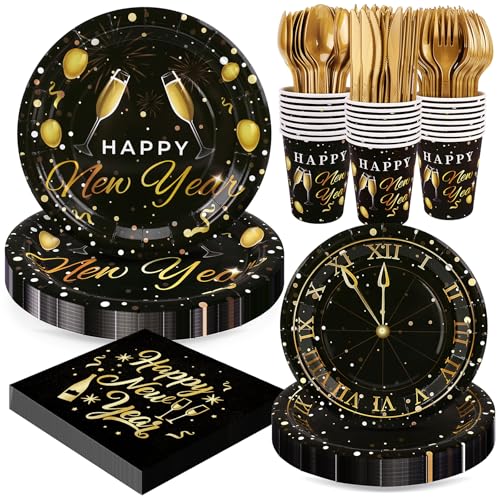 Fighting to Achieve 168pcs Happy New Year Party Supplies Black and Gold Paper Plates Napkins Cups and Gold Cutlery for 24 Guests 2026 New Year Disposable Tableware Supplies for Party Decorations