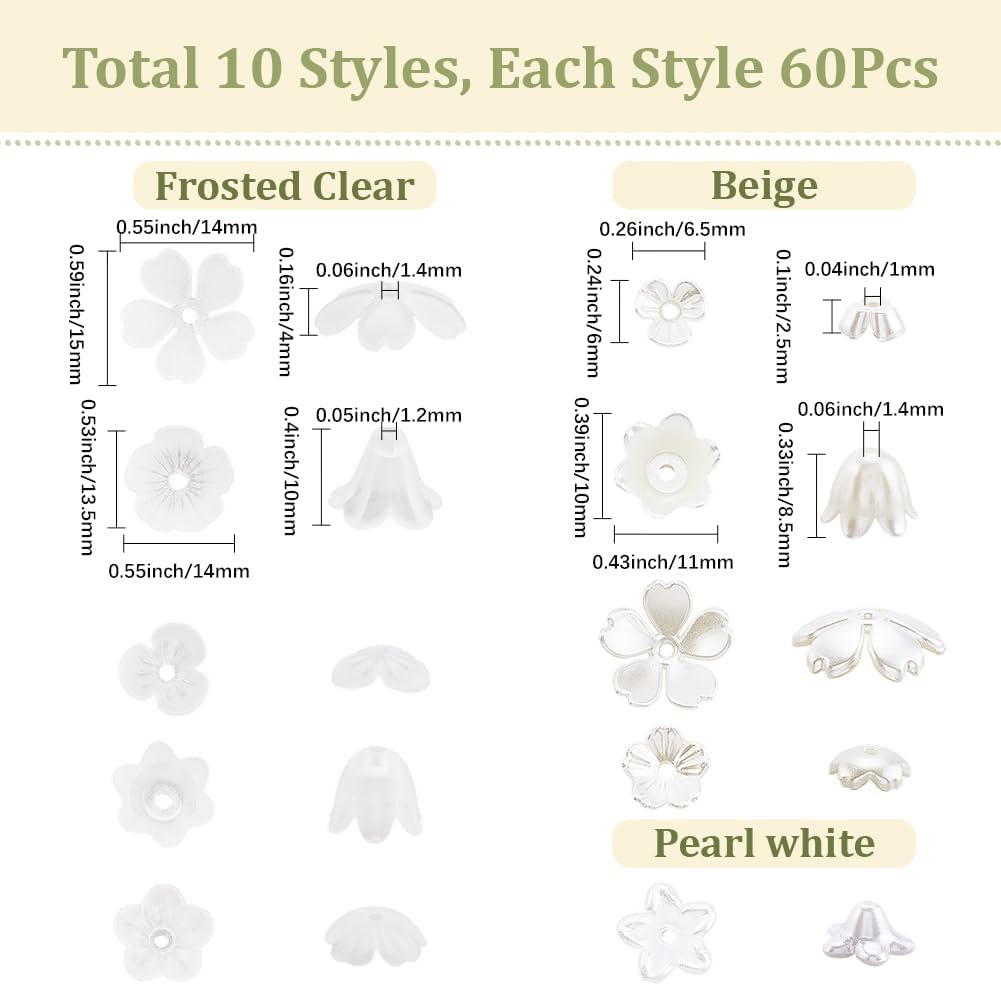 SUNNYCLUE 600Pcs 10 Styles Acrylic Flower Beads Floral Bead Caps Bulk White Frosted Assorted Spring Flowers Shaped Loose End Mini Spacers for Jewelry Making Bracelets Necklaces DIY Craft Findings - Image 2