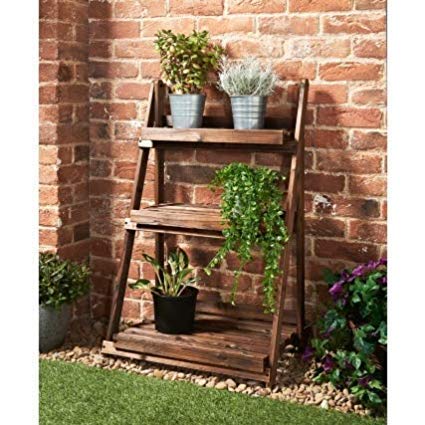 CrazyShop1Beautiful 3 Tier Solid Burntwood Folding Plant Stand Shelves Garden Wooden Flower Pot Display Ladder
