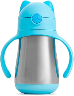 Munchkin Stainless Steel Straw Cup, Cool Cat Design, Insulated Double Walled Beaker for Kids, Toddler Sippy Cup for Babies 18+ Months, Drinking Bottle with Straw, Hot/Cold Drinks - Blue (8oz/237ml)
